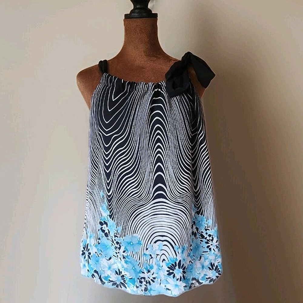 Y2K Wrapper Top Whimsigoth Floral Size L Chiffon Tie Strap Bow Blue Black Blouse